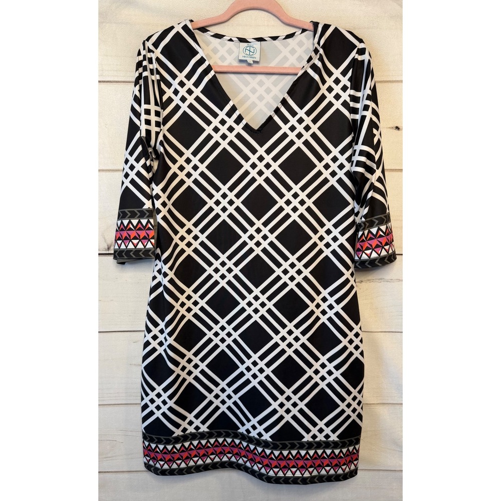 Tracy Negoshian Black White Geometric V-Neck Shift Dress 3/4 Sleeve Small